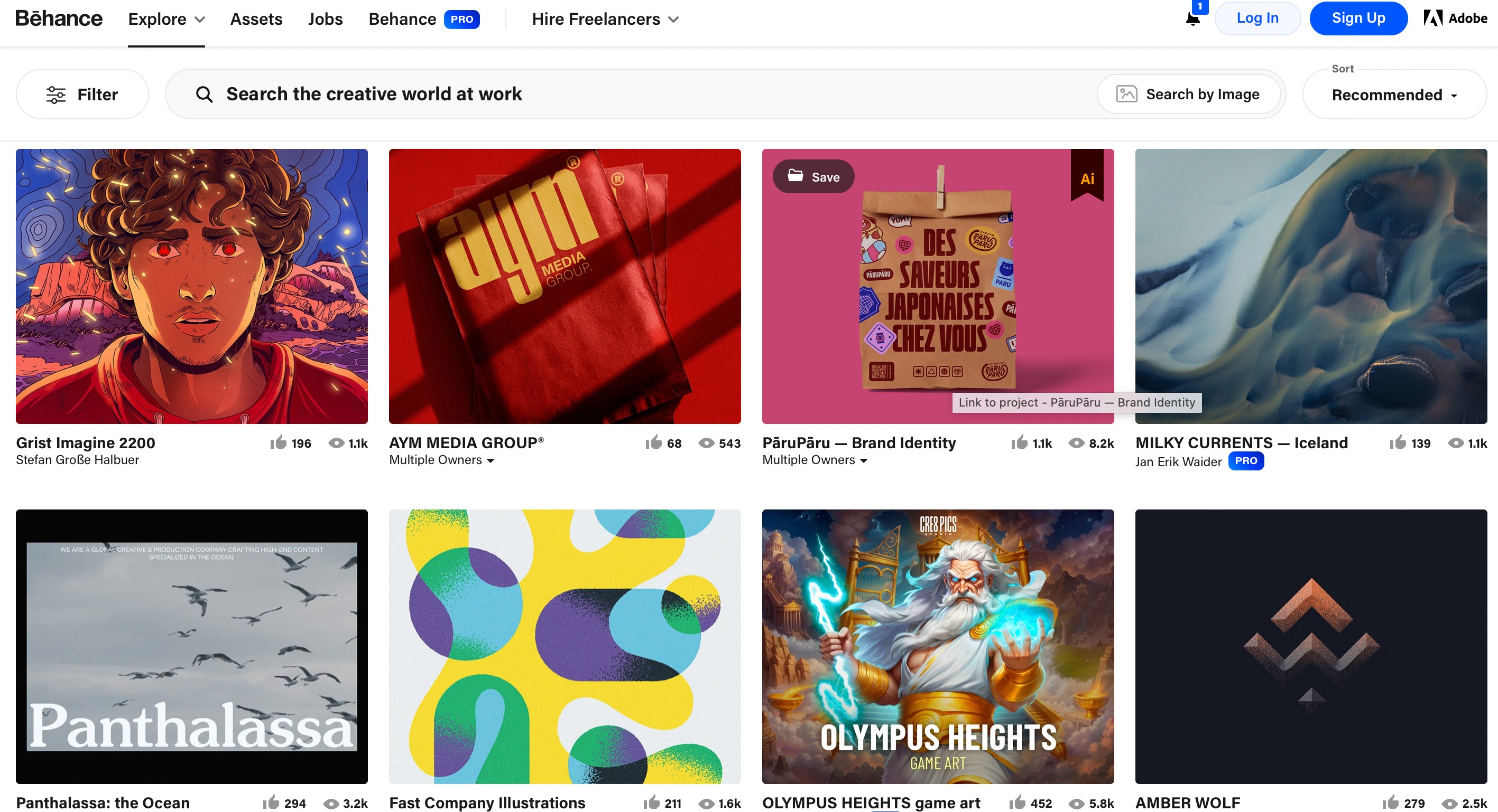 Trang chủ của Behance với tám tác phẩm nghệ thuật khác nhau được trưng bày