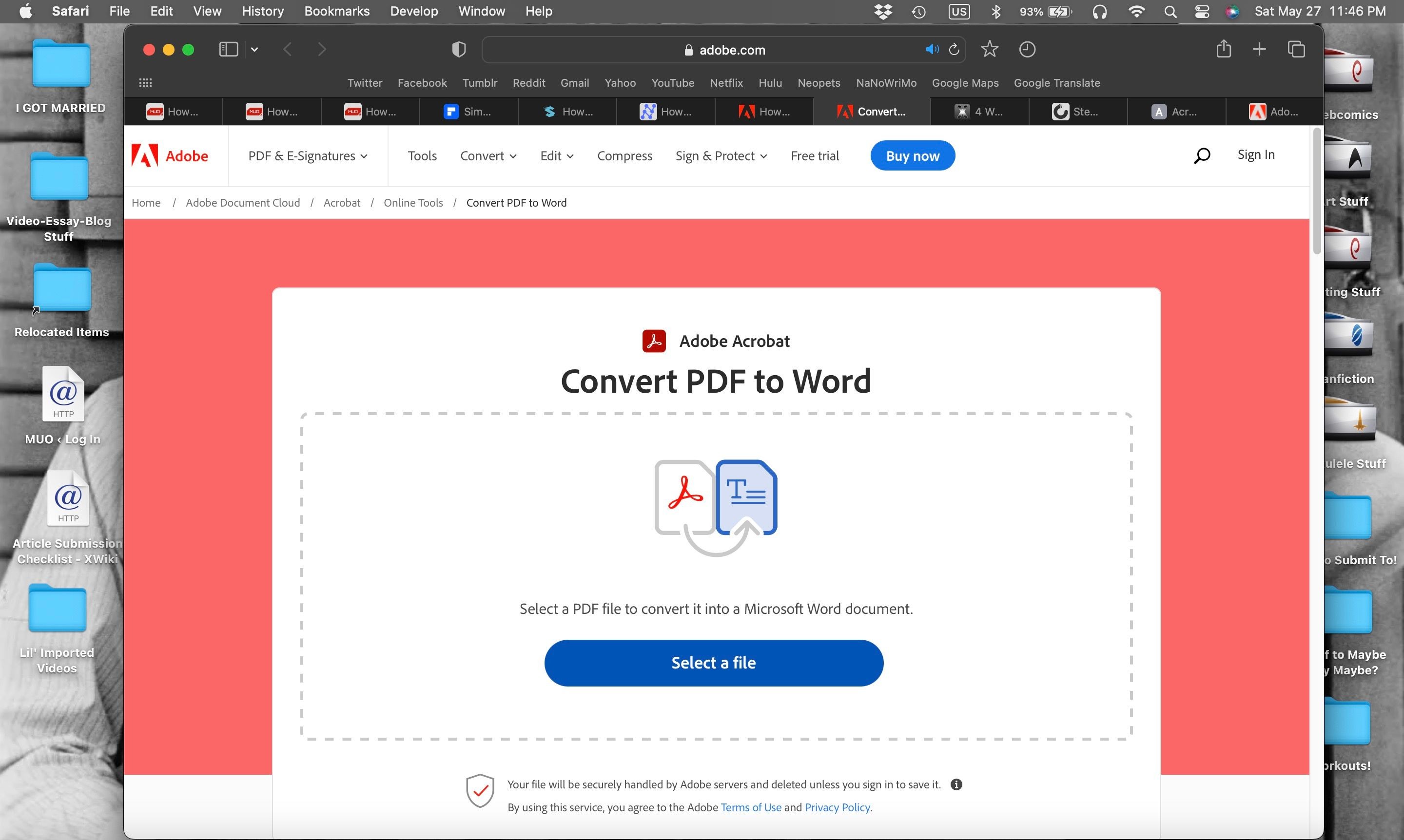 Trang chủ của công cụ chuyển đổi PDF sang Word trực tuyến của Adobe mở trong Safari trên Mac