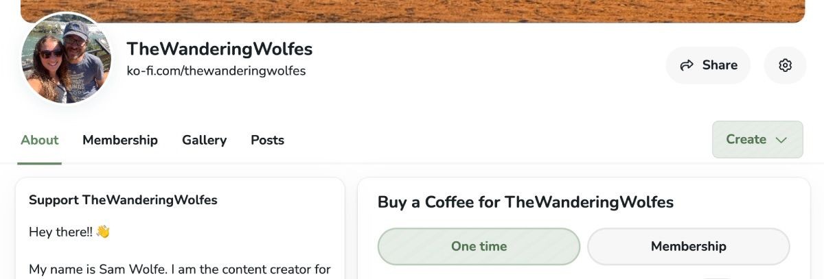 Trang chủ của Ko-fi với các tùy chọn quyên góp