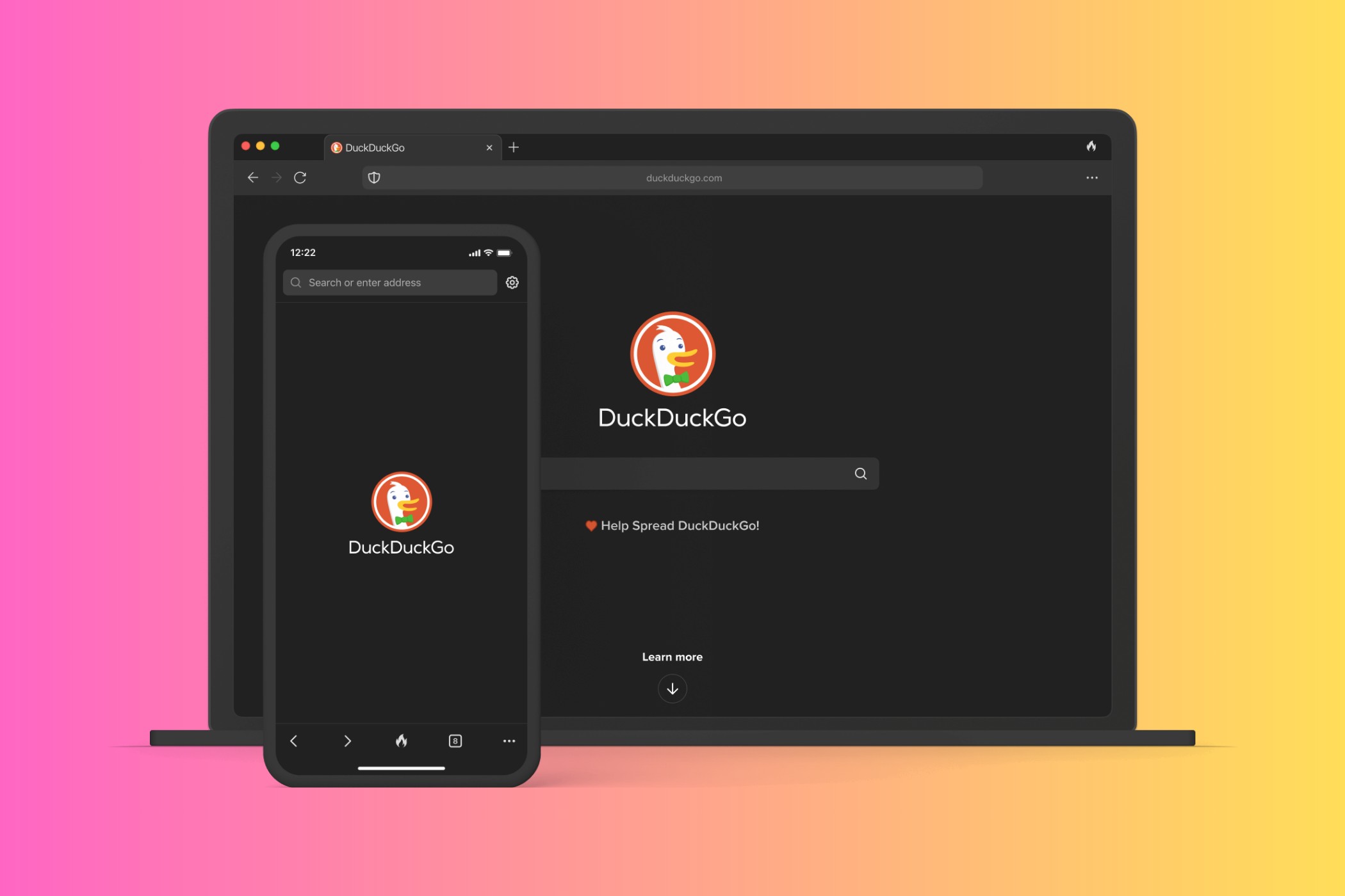 Trang chủ của trình duyệt DuckDuckGo trên mockup laptop và thiết bị di động