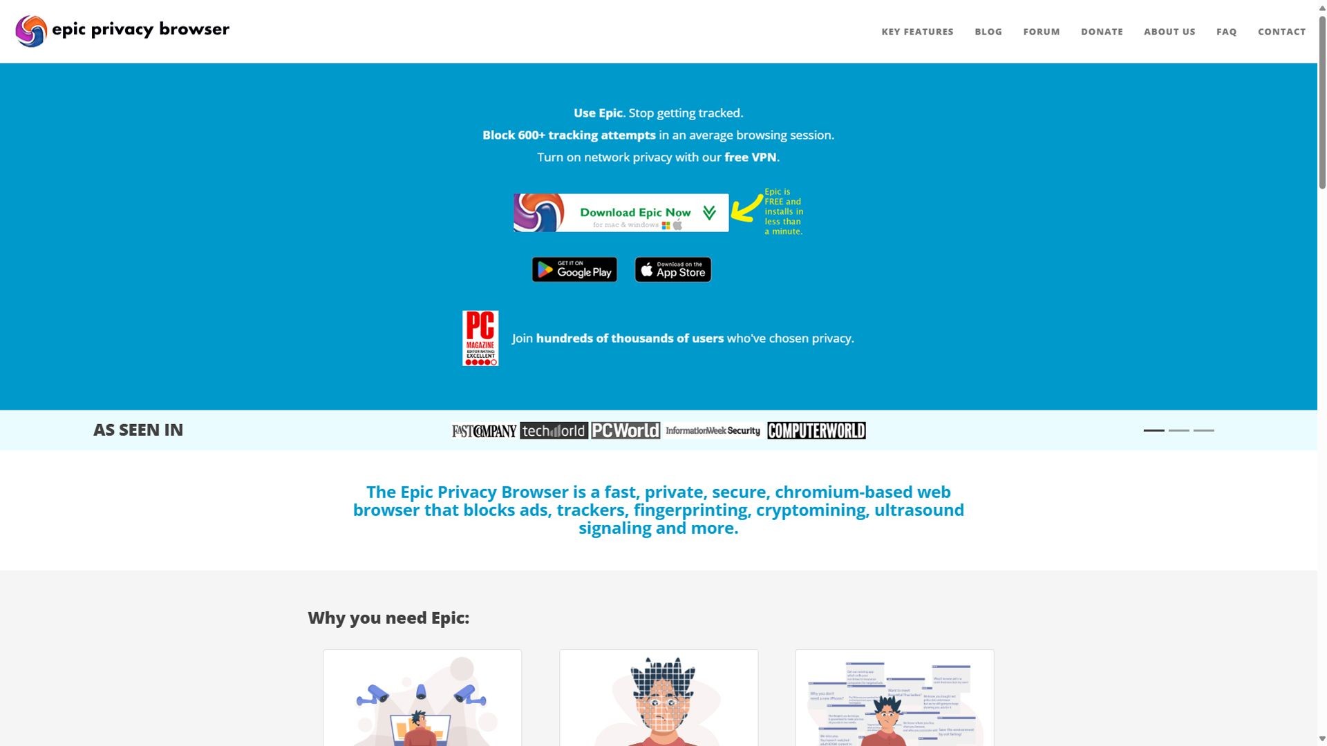 Trang chủ của trình duyệt Epic Privacy