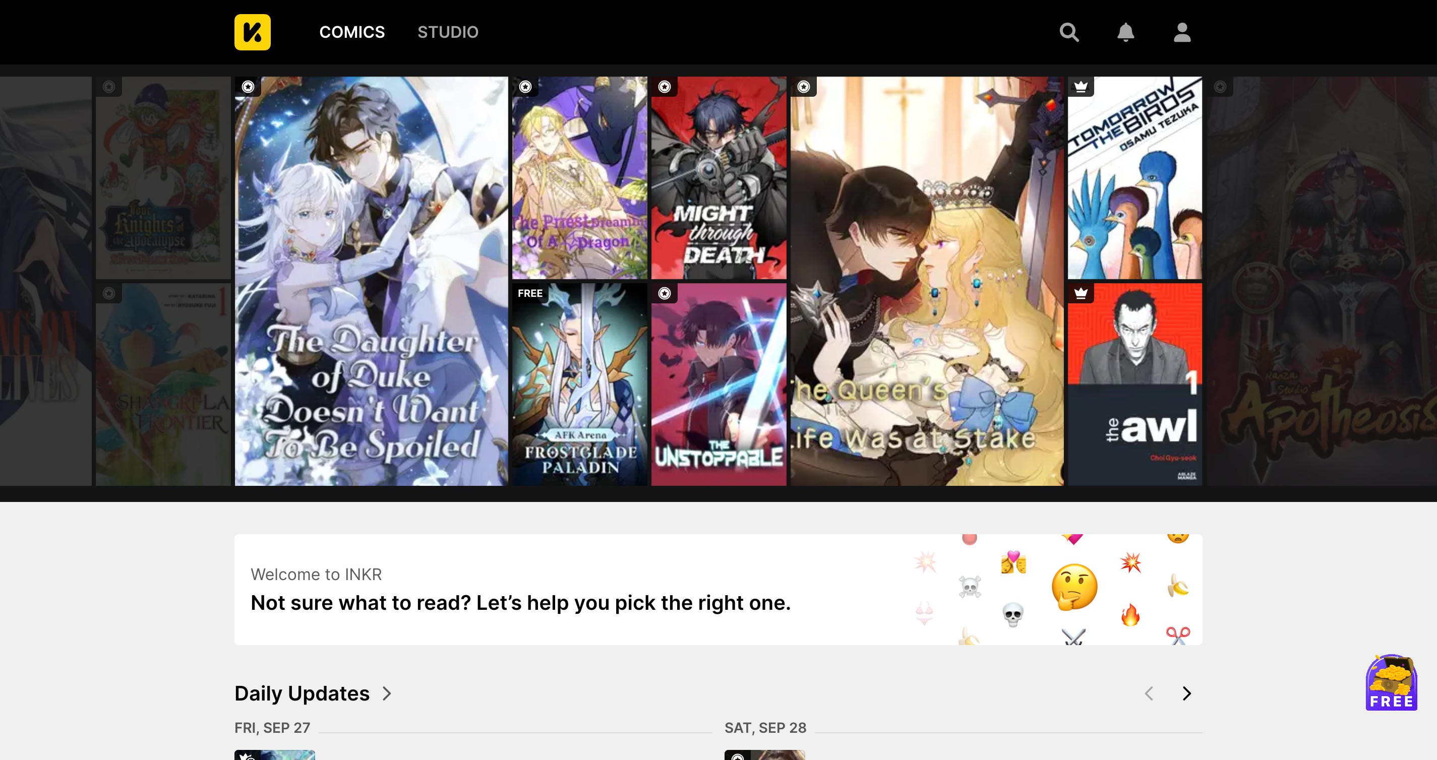 Trang chủ trang web INKR Comics để đọc manga