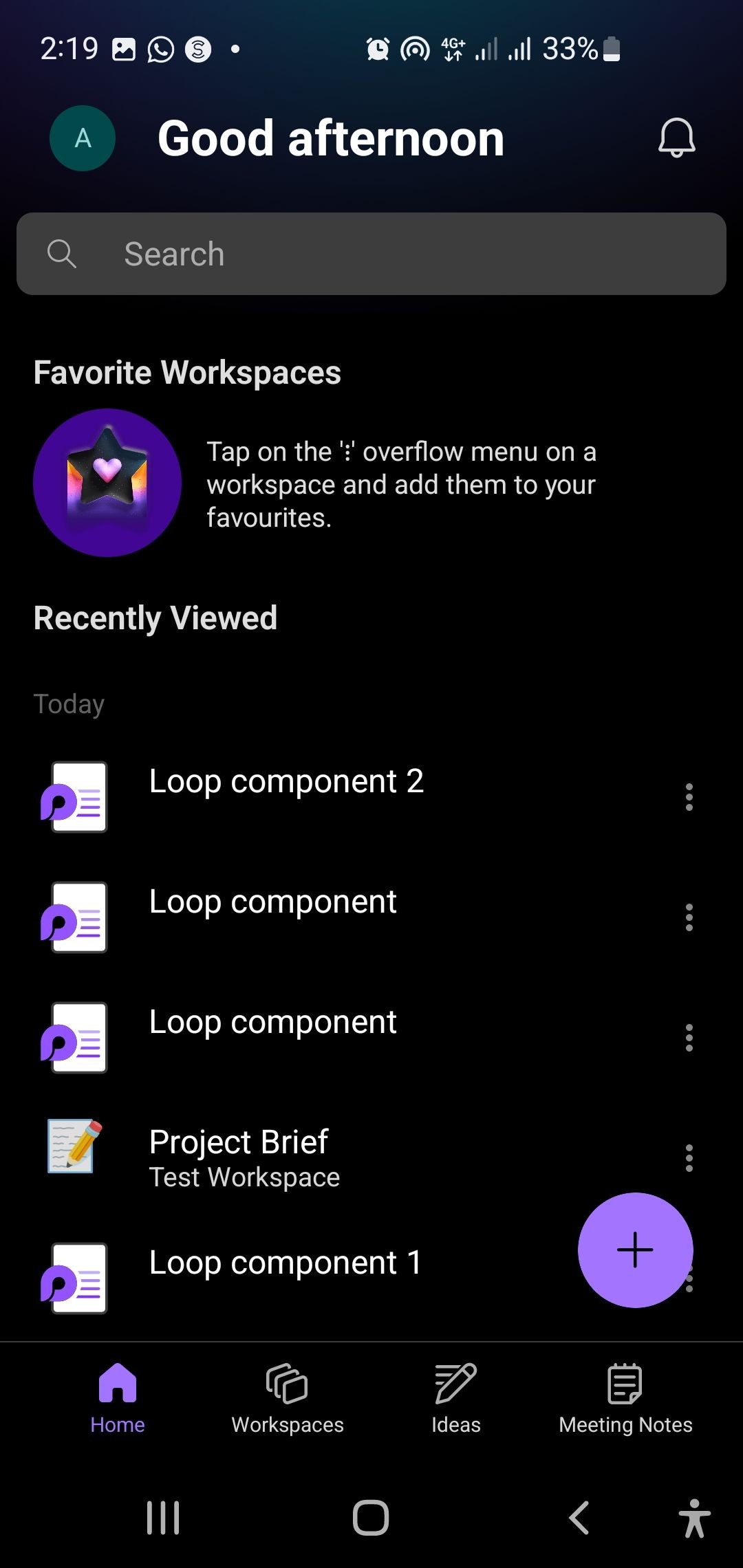 Trang chủ ứng dụng Microsoft Loop trên Android