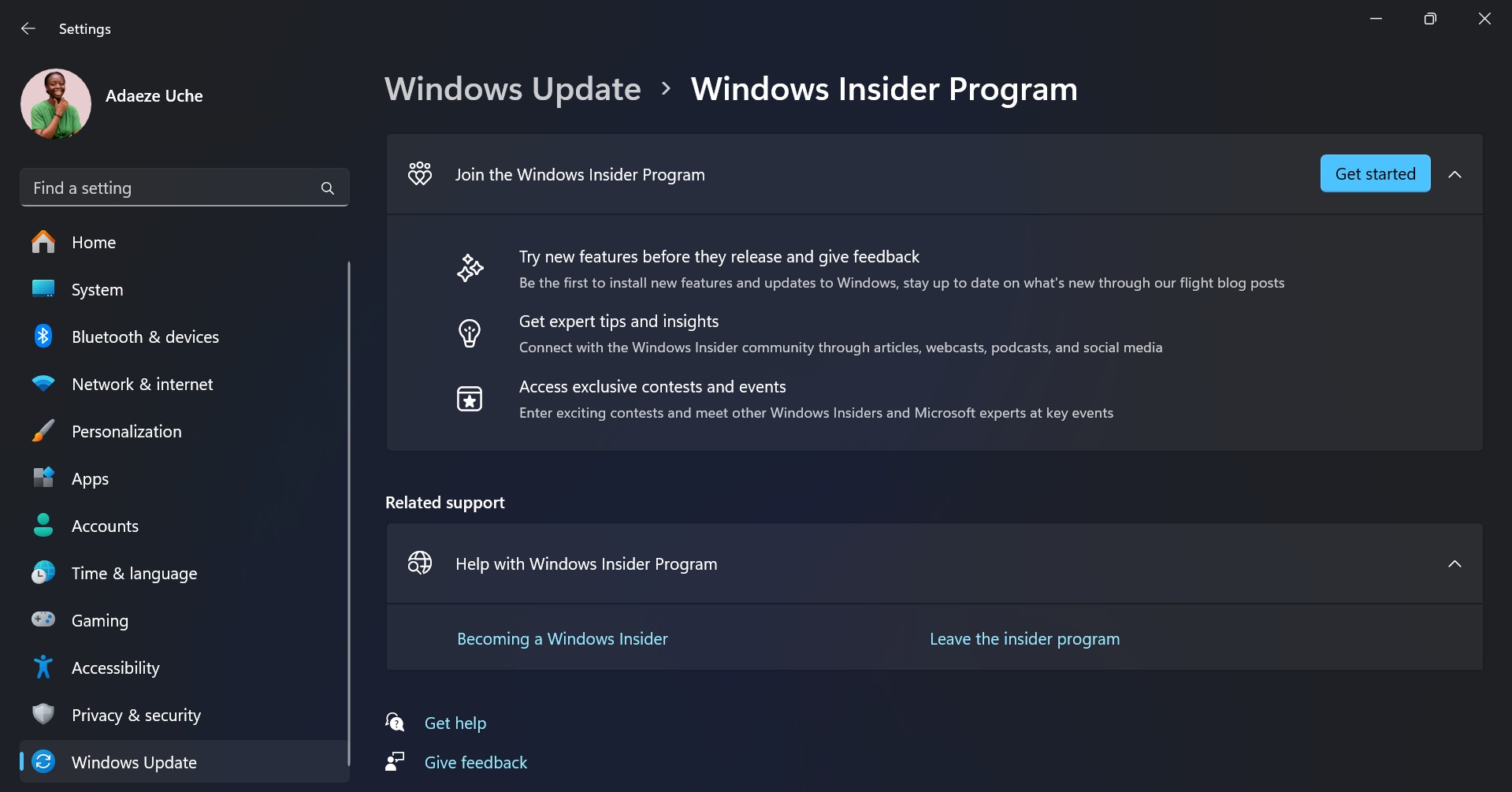 Trang Chương Trình Windows Insider hiển thị trong ứng dụng Cài Đặt trên PC Windows 11