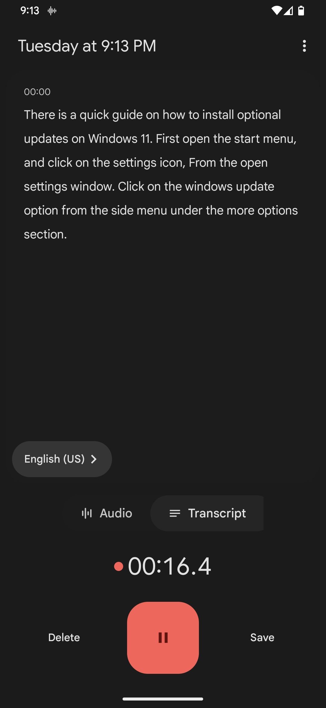 Trang chuyển đổi văn bản của Google Recorder