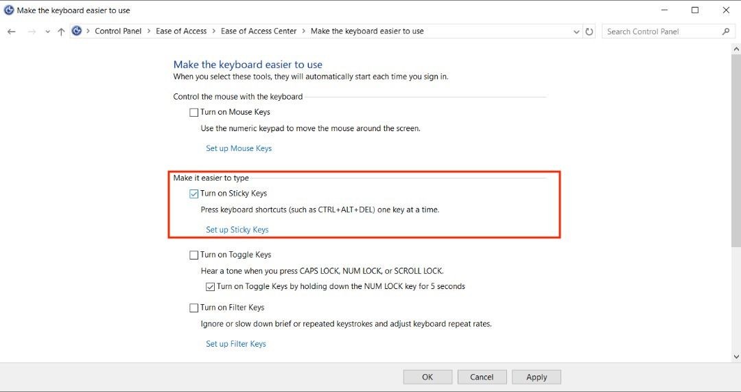 Trang Control Center của Windows với tùy chọn Sticky Keys được làm nổi bật