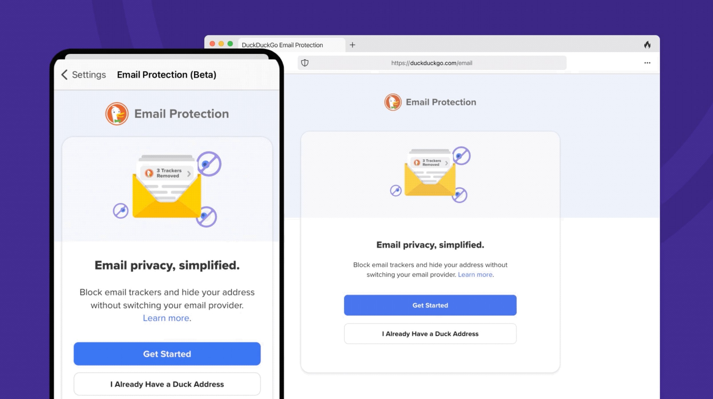 Trang đăng ký tính năng bảo vệ email trong ứng dụng di động và máy tính để bàn của DuckDuckGo