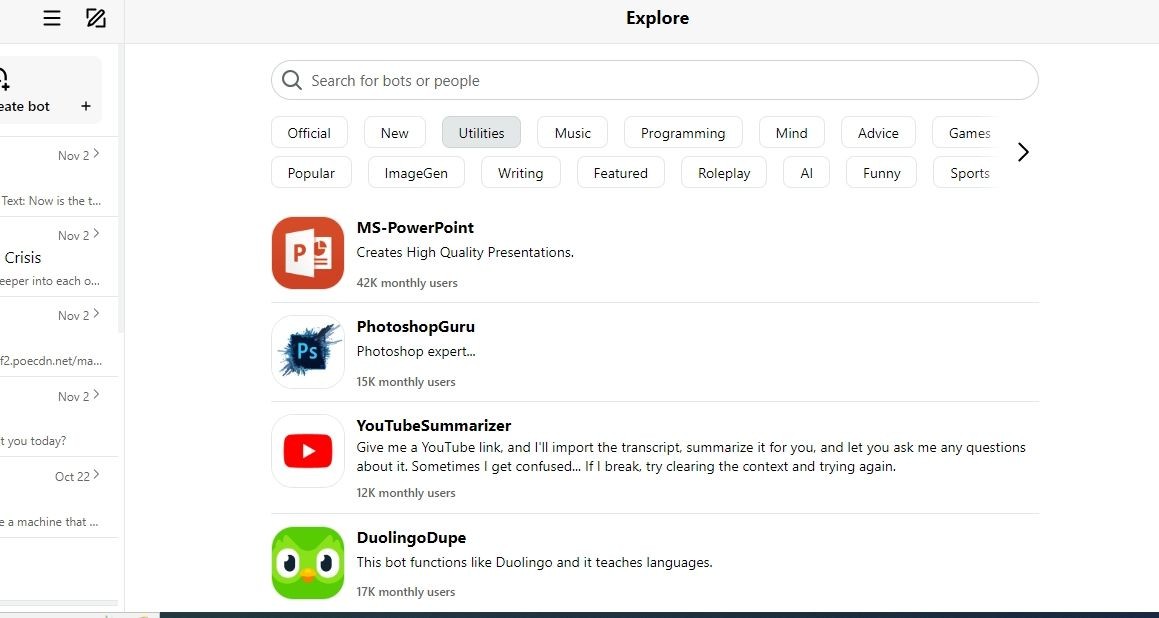 Trang Explore của Poe với các chatbot