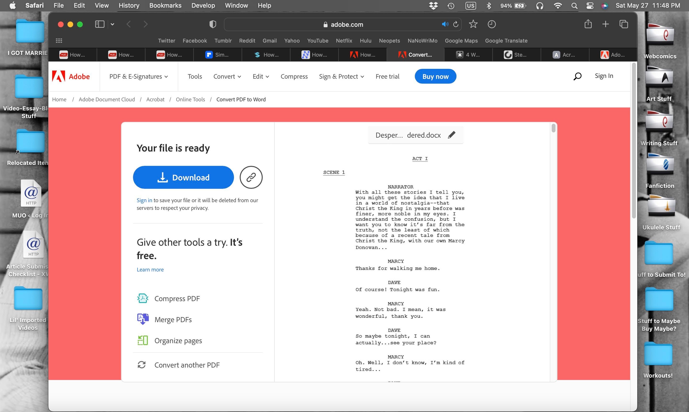 Trang hoàn tất chuyển đổi tệp trong công cụ chuyển đổi PDF sang Word trực tuyến của Adobe