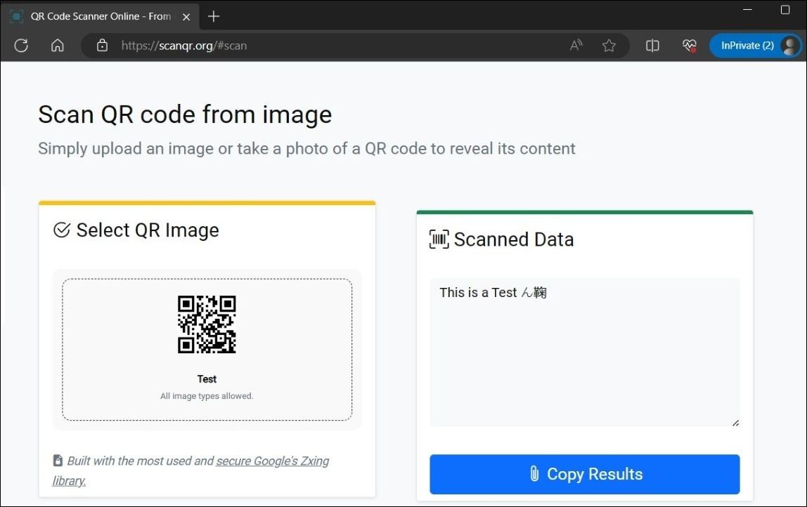Trang kết quả quét mã QR trên ScanQR