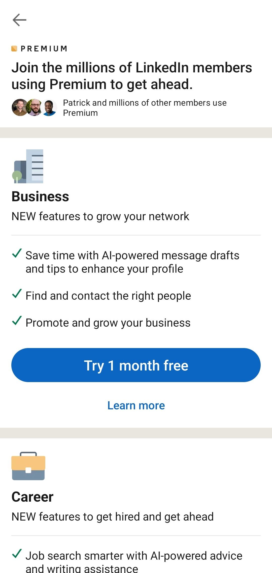 Trang LinkedIn Premium trên điện thoại