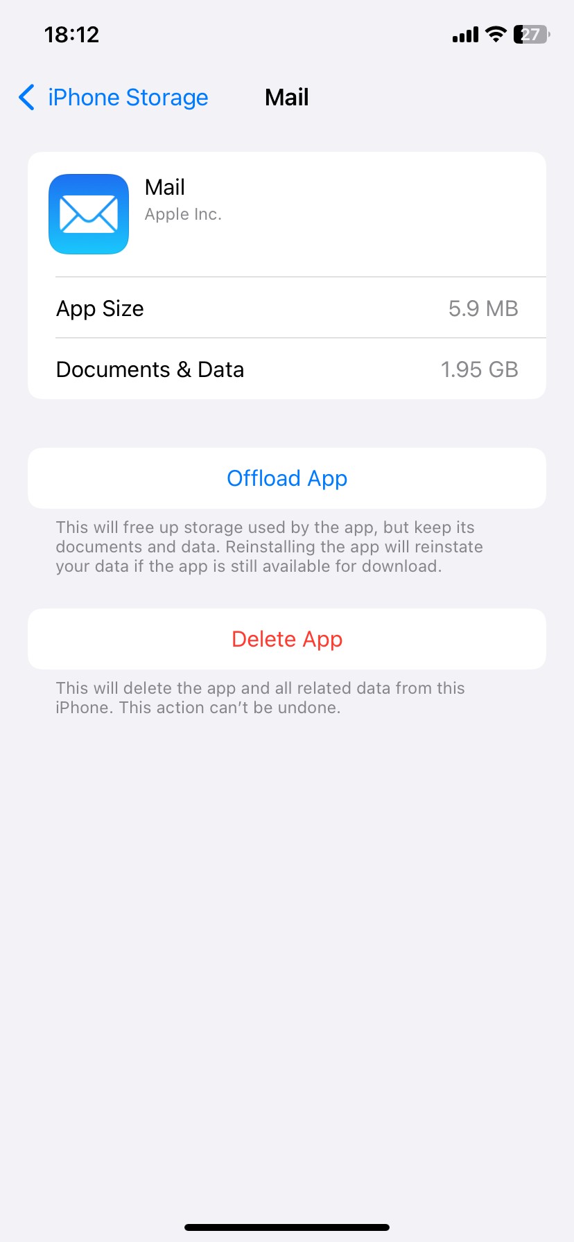 Trang quản lý dung lượng ứng dụng Mail trên iPhone