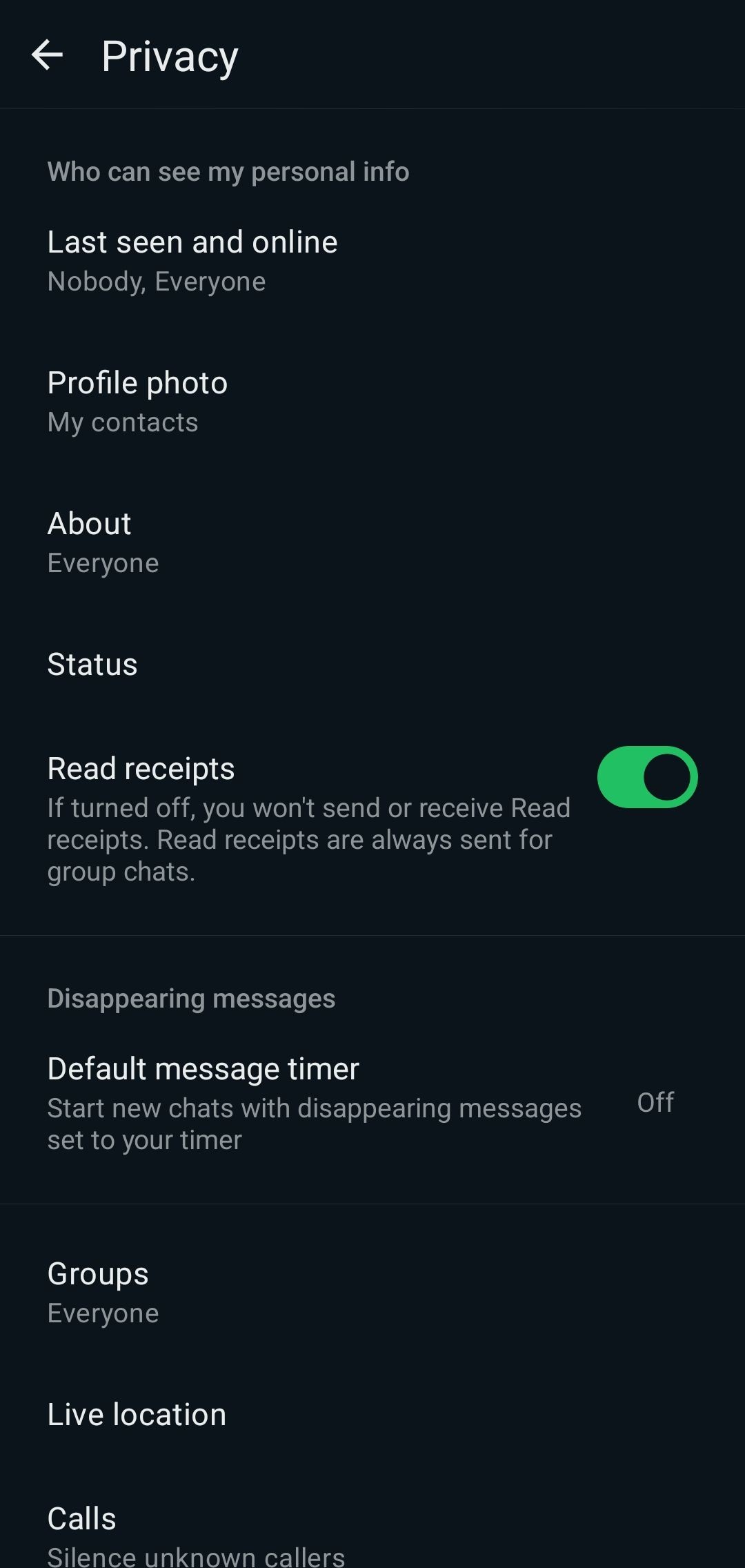 Trang quyền riêng tư trên WhatsApp