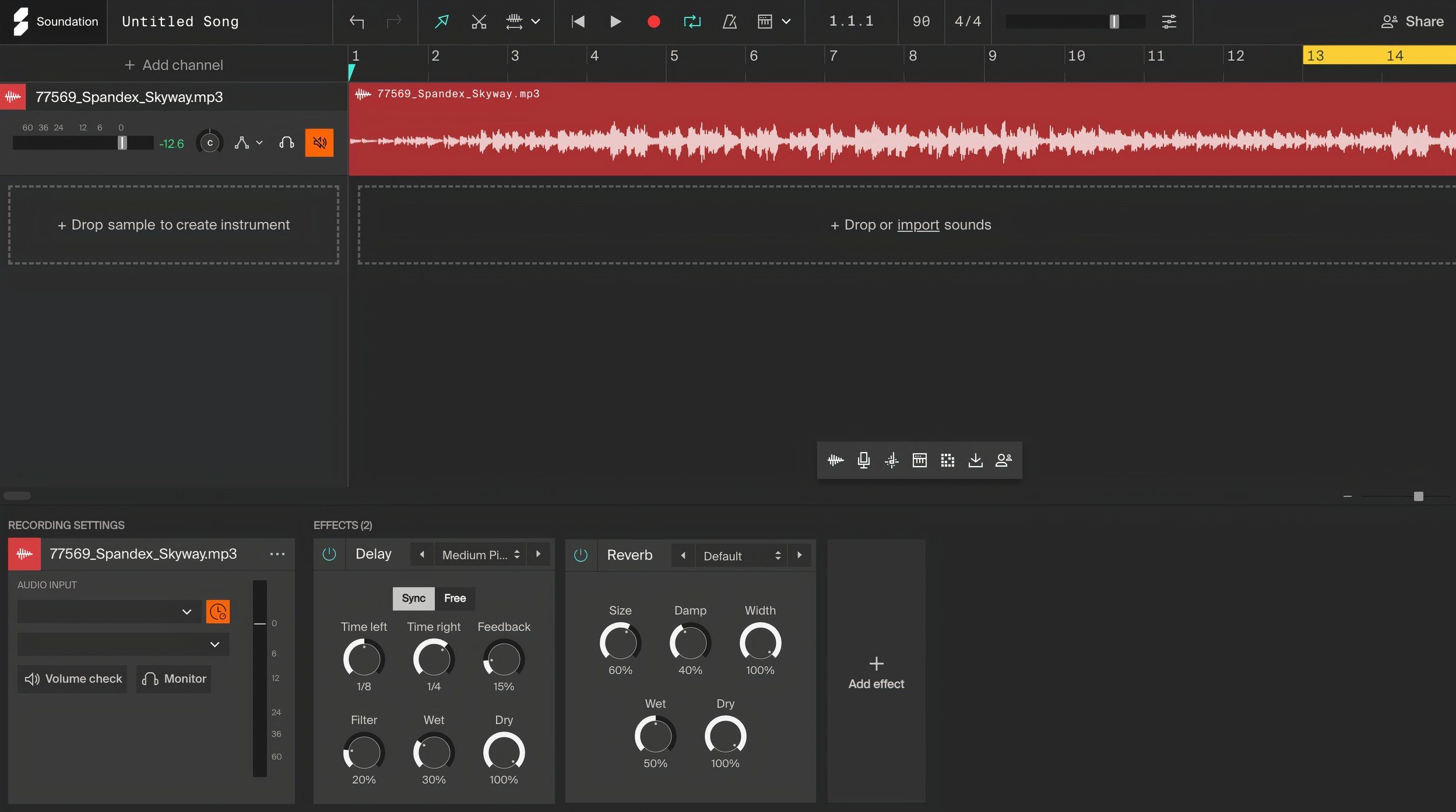 Trang sắp xếp của Soundation với các plugin delay và echo.