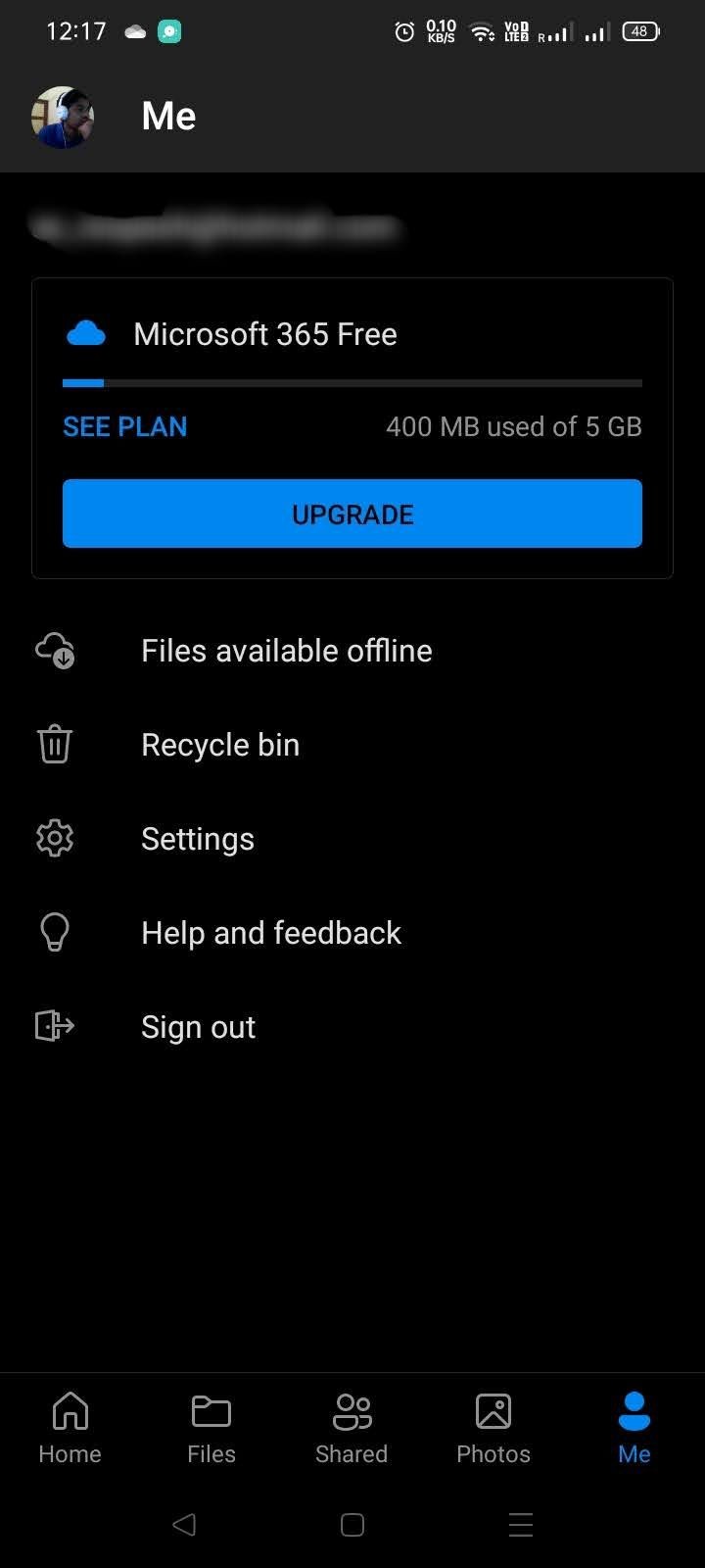 Trang tài khoản trong ứng dụng Microsoft OneDrive