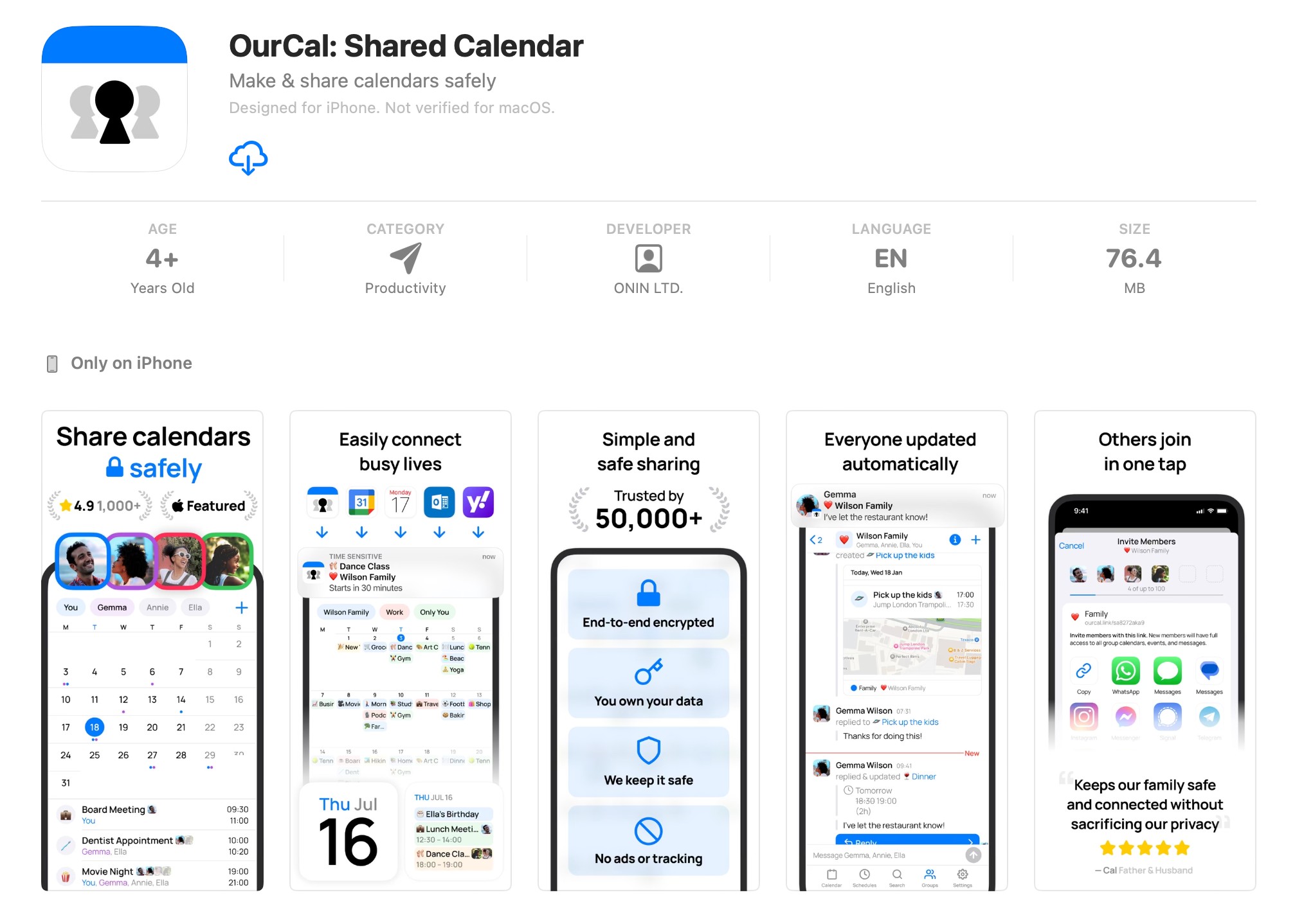 Trang tải xuống OurCal trên App Store của Apple