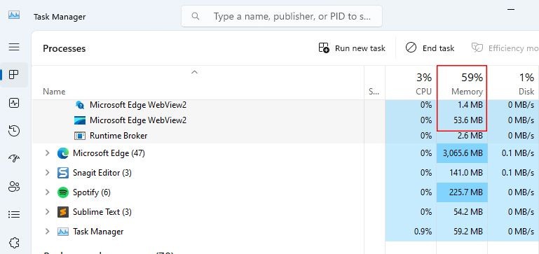 Trạng thái Bộ nhớ trong Task Manager
