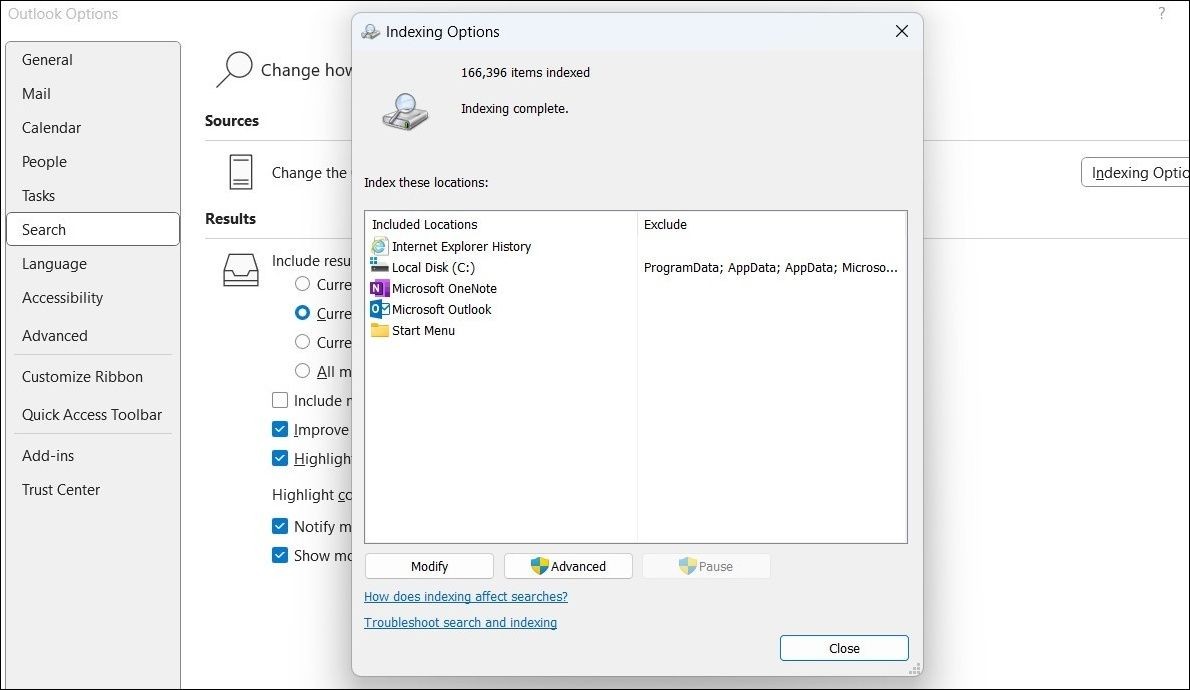 Trạng thái chỉ mục của Outlook