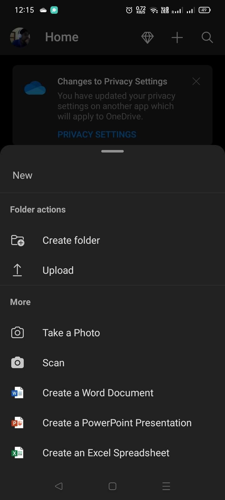 Trang thêm tệp trong ứng dụng Microsoft OneDrive