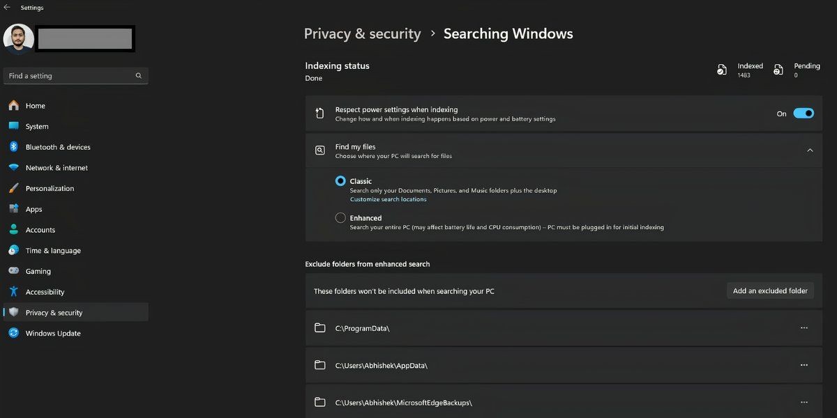 Trang tìm kiếm Windows với tùy chọn chỉ mục trong ứng dụng Cài đặt Windows 11