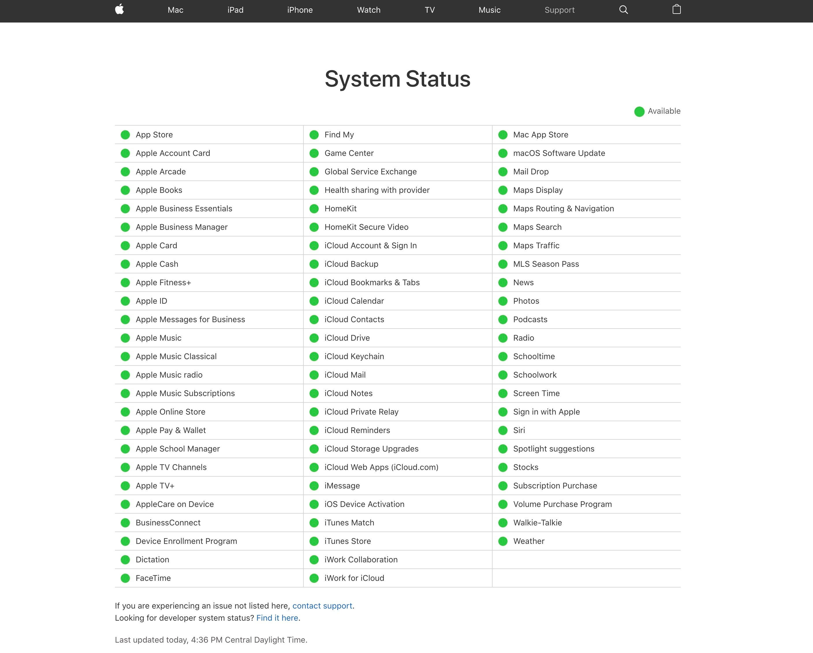 Trang trạng thái hệ thống của Apple với tất cả các dịch vụ hoạt động bình thường