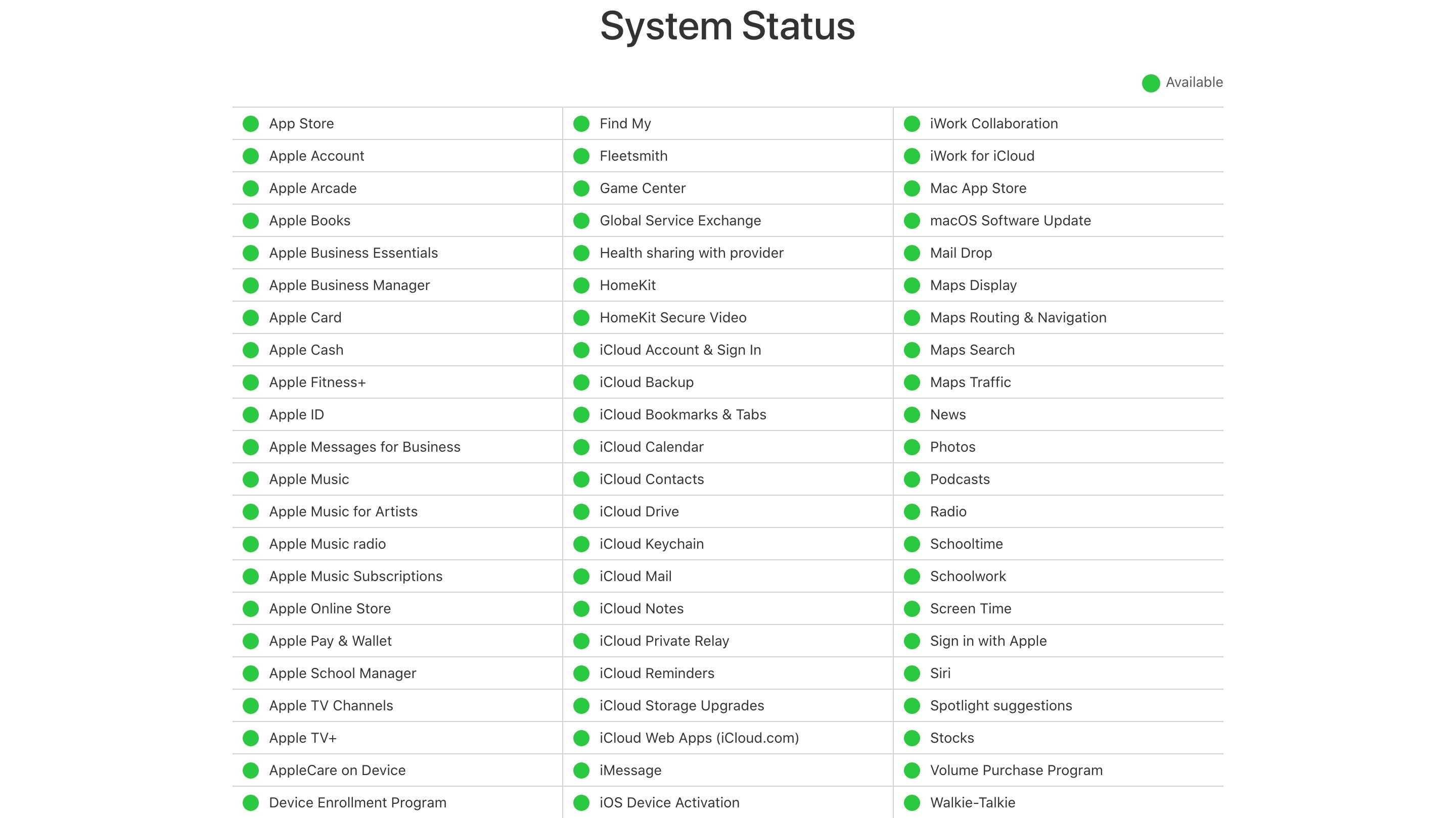 Trang trạng thái hệ thống dịch vụ của Apple