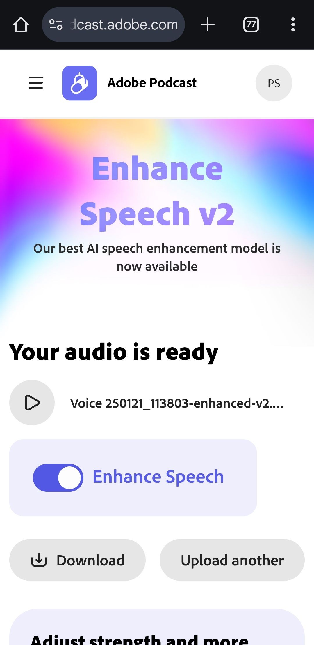 Trang web Adobe Enhance Speech hiển thị tệp âm thanh với tùy chọn tải xuống trên Chrome cho Android