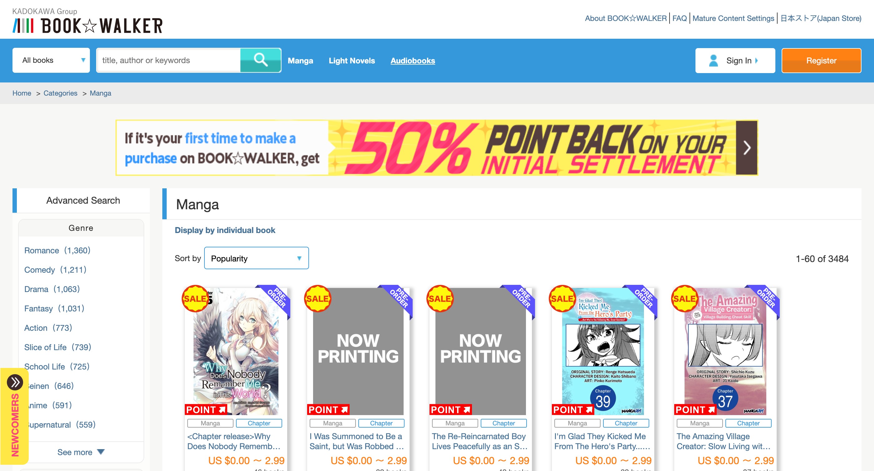 Trang web Book Walker để đọc manga trực tuyến