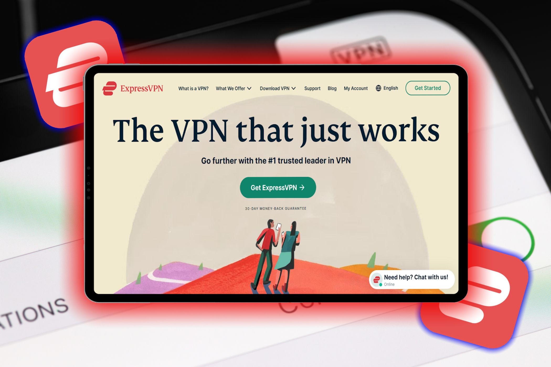 Trang web ExpressVPN trên màn hình bàn với logo ExpressVPN ở phía sau