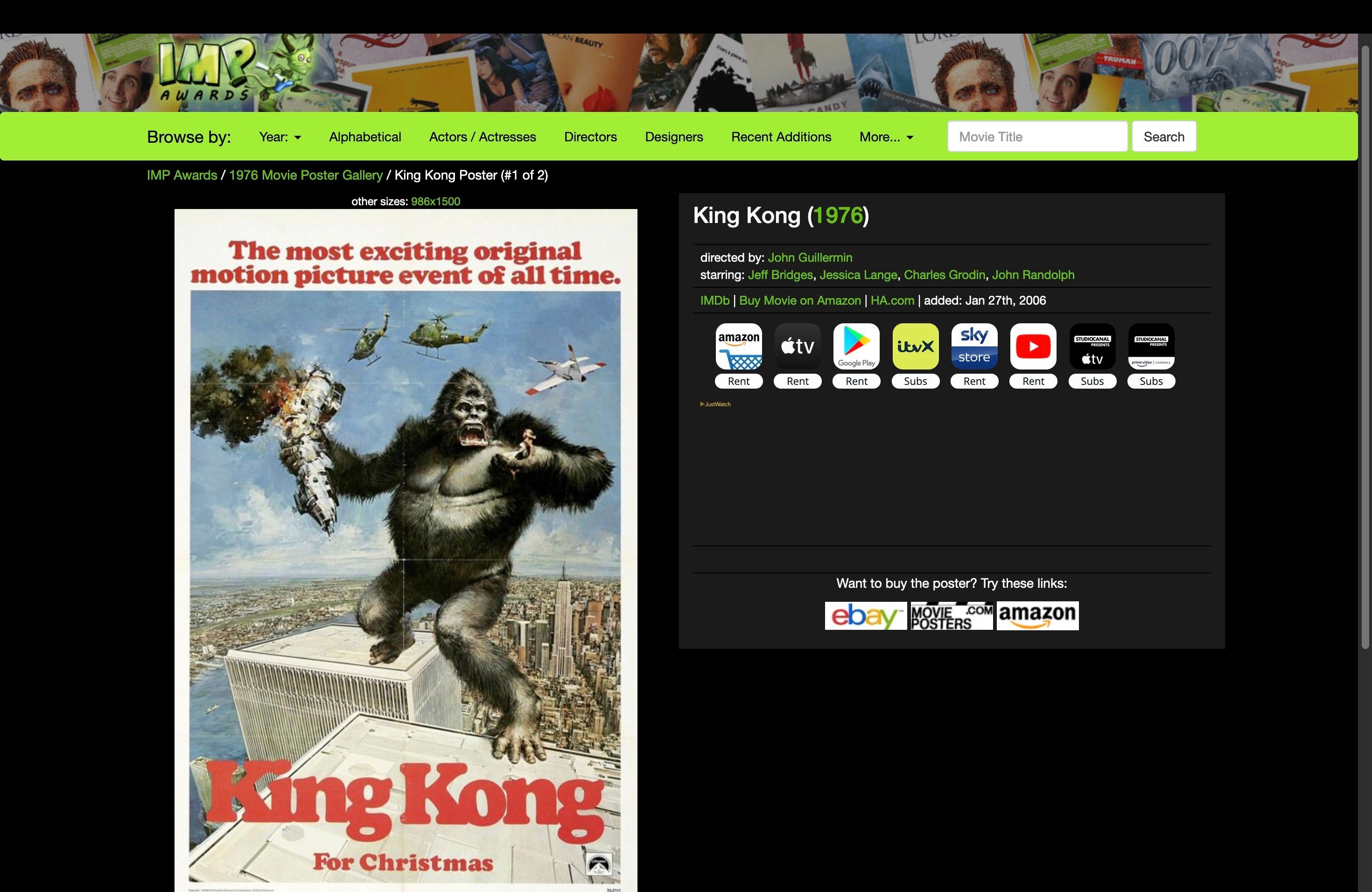 Trang web IMPAwards - Áp phích phim King Kong