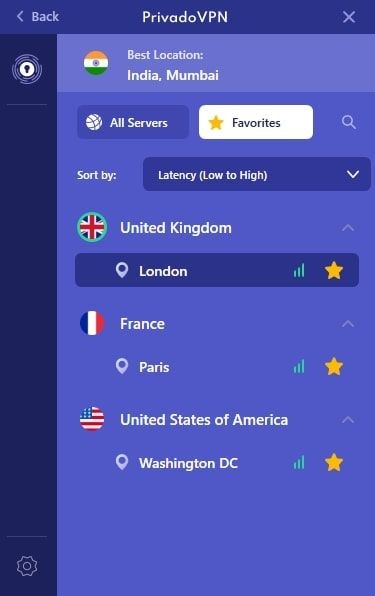 Trang yêu thích của ứng dụng PrivadoVPN