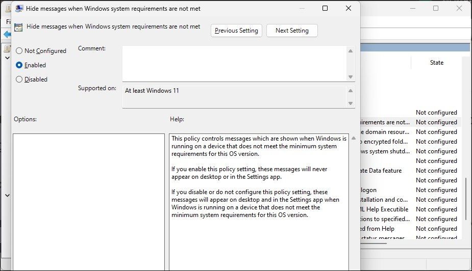 Trình chỉnh sửa chính sách nhóm ẩn thông báo khi yêu cầu hệ thống Windows không được đáp ứng kích hoạt
