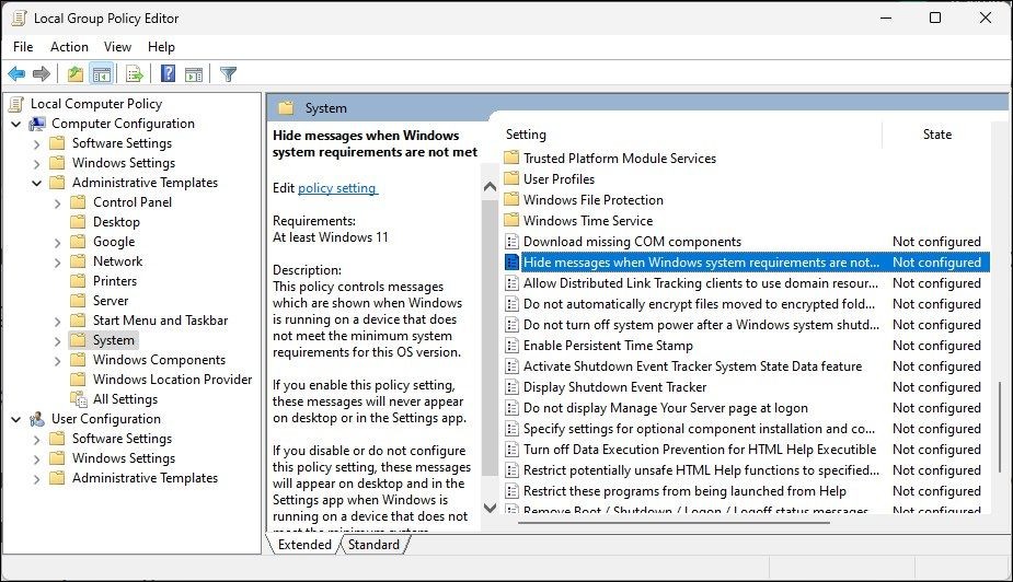 Trình chỉnh sửa chính sách nhóm ẩn thông báo khi yêu cầu hệ thống Windows không được đáp ứng