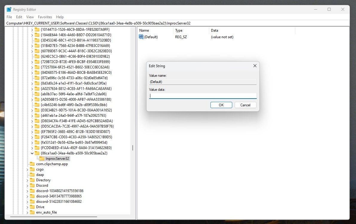 Trình chỉnh sửa Registry Windows với giá trị subkey được chọn