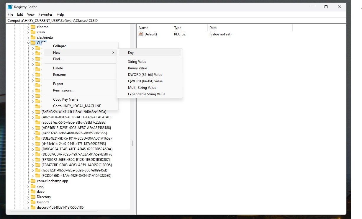 Trình chỉnh sửa Registry Windows với menu ngữ cảnh trên subkey