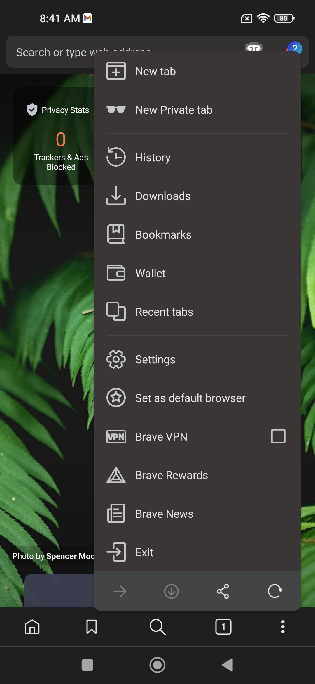 Trình duyệt Brave hiển thị tùy chọn menu