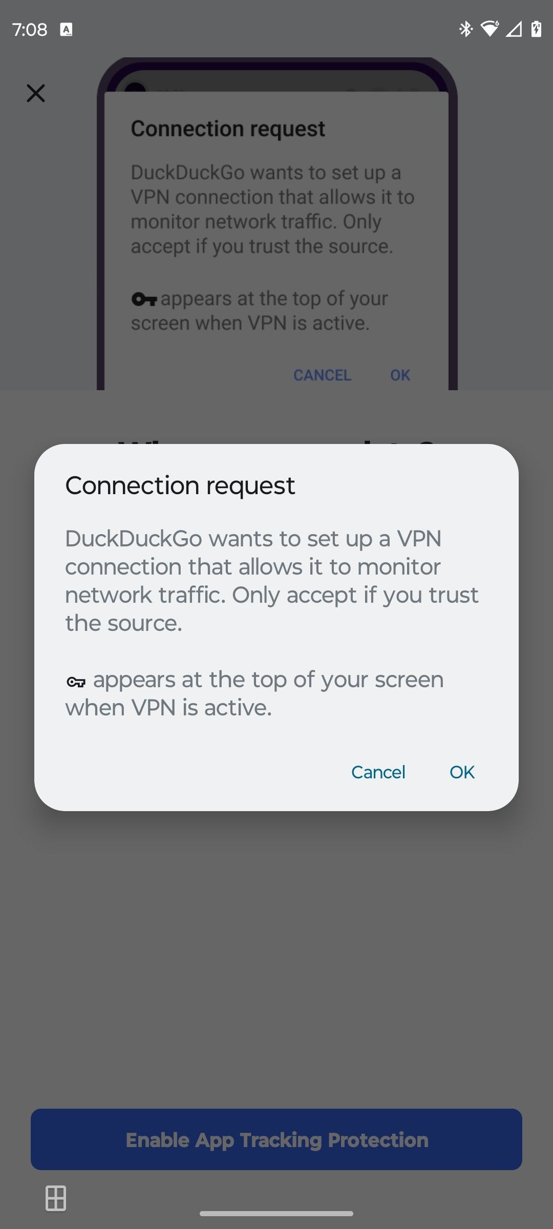 Trình duyệt DuckDuckGo yêu cầu quyền bắt đầu kết nối VPN