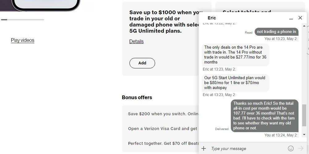 Trò chuyện với nhân viên Verizon về chi phí gói trả sau