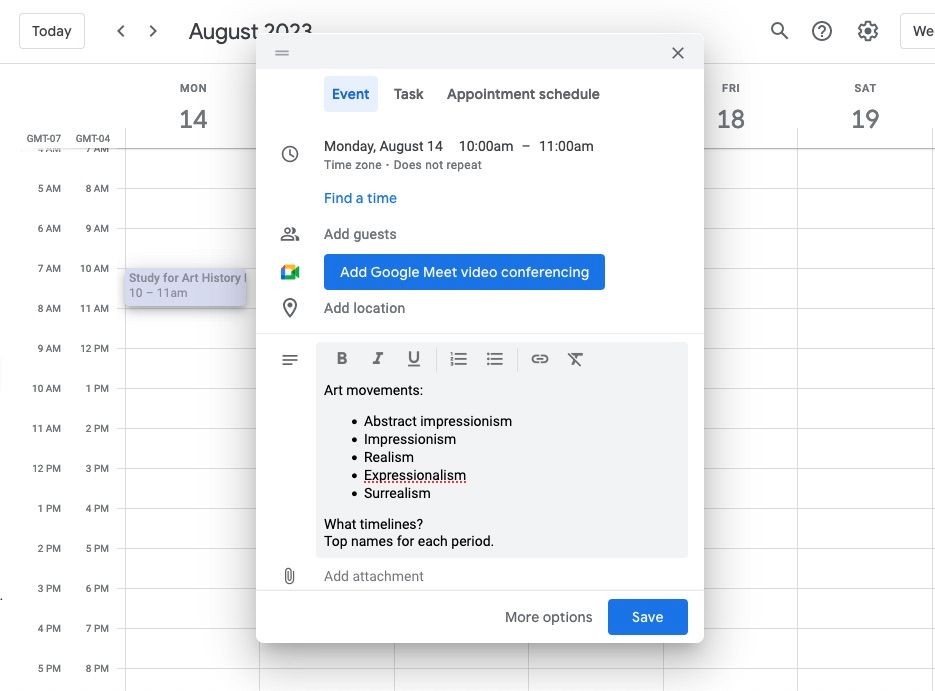 Trường mô tả sự kiện trên Google Calendar với văn bản giàu tính năng