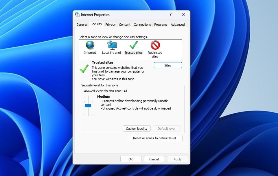 Trusted sites option in Internet Options window