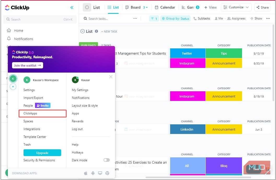 Truy cập ClickApps từ thanh điều hướng bên