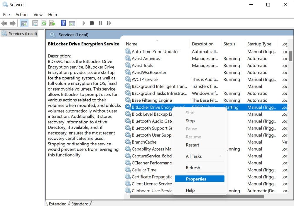 Truy cập thuộc tính dịch vụ BitLocker