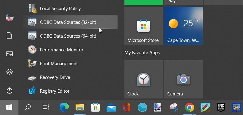 Truy cập ứng dụng ODBC Data Sources bằng menu Bắt đầu