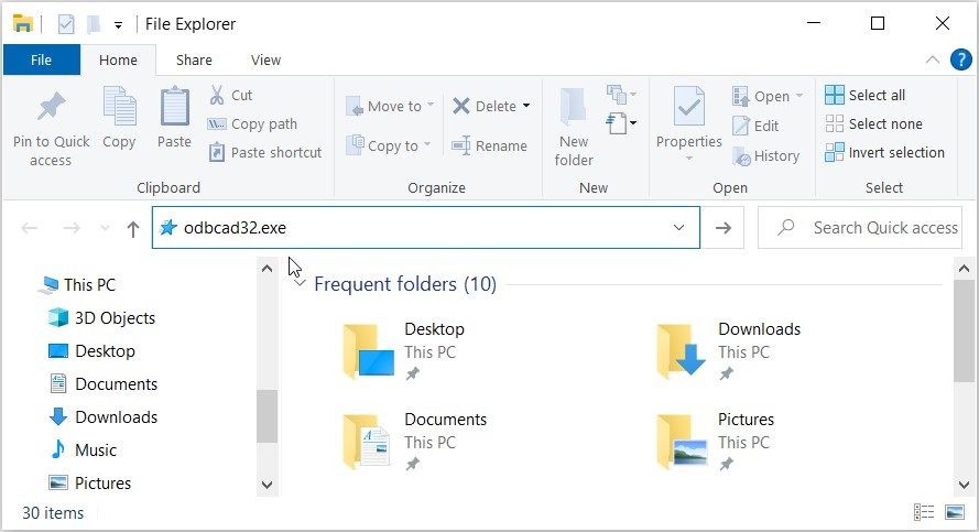 Truy cập ứng dụng ODBC Data Sources bằng thanh địa chỉ Trình Khám Phá Tệp