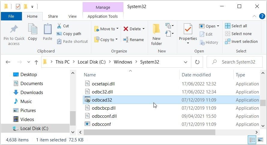 Truy cập ứng dụng ODBC Data Sources từ thư mục System32