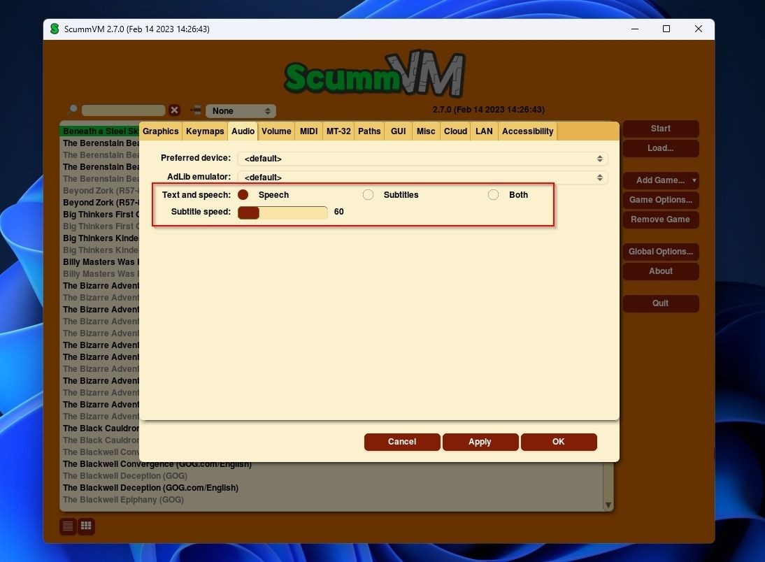 Tùy chọn âm thanh trong ScummVM