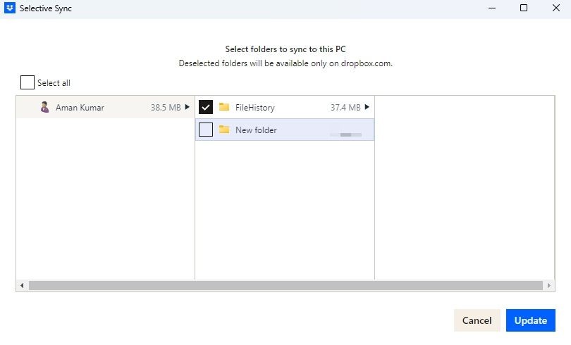 Tùy chọn cập nhật của Dropbox