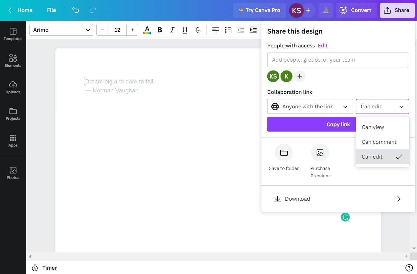 Tùy chọn chia sẻ Canva Docs