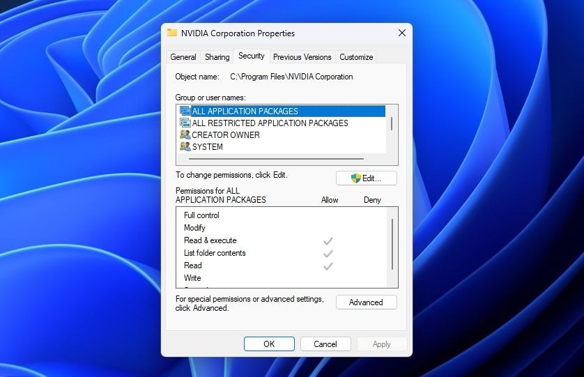 Tùy chọn chỉnh sửa trong Cài Đặt Thư Mục NVIDIA Corporation