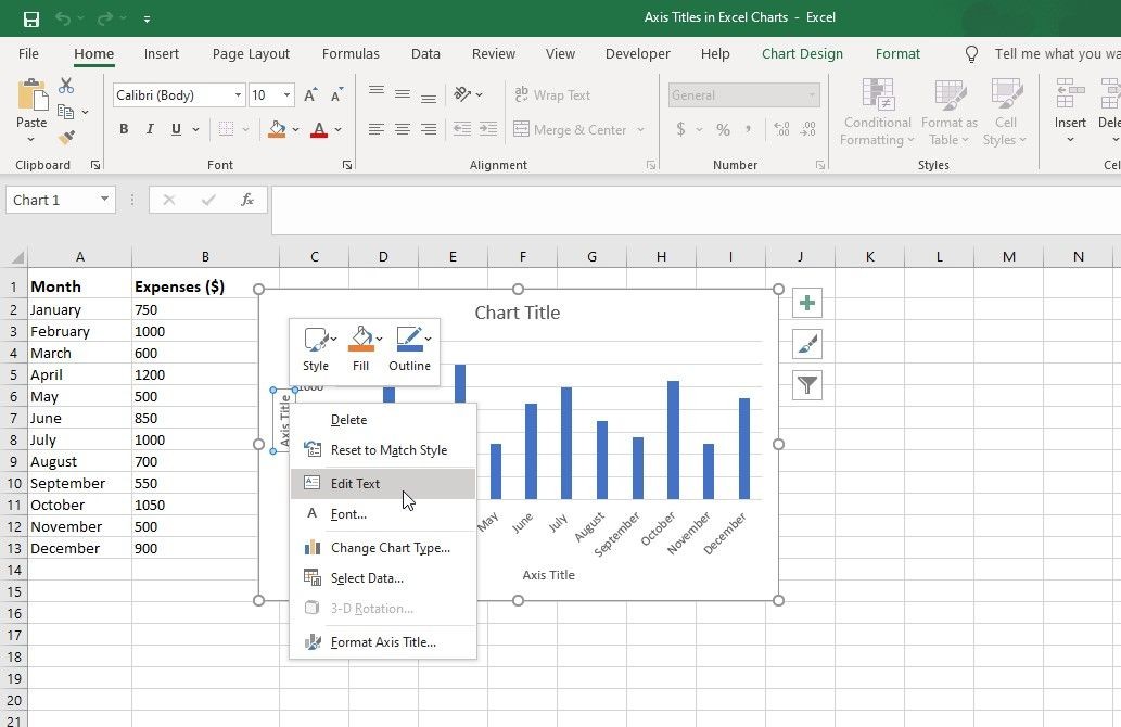 Tùy chọn chỉnh sửa văn bản để sửa đổi tiêu đề trục trong Excel